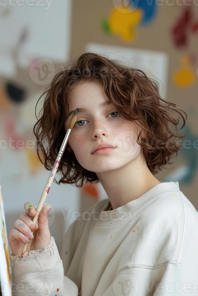 In a bright art studio filled with color, a young artist holds a paintbrush and gazes thoughtfully at her lively canvas, surrounded by splashes of paint and artworks in progress photo