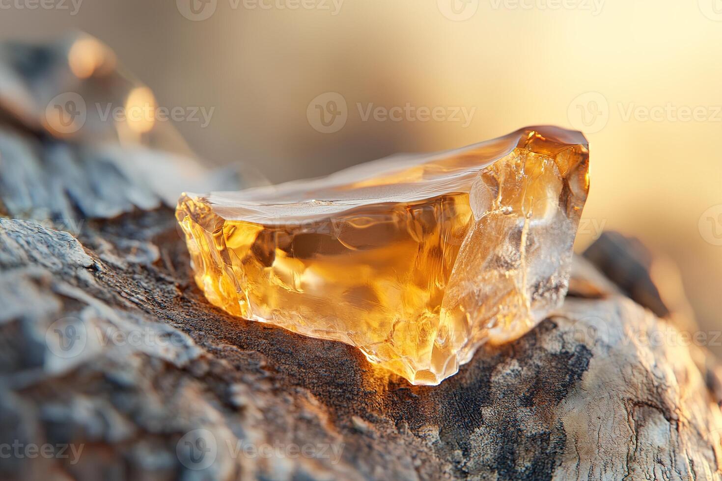 Thick amber resin glistens on rugged tree bark, illuminated by sunlight. The soft-focus background showcases earthy tones, enhancing the natural beauty and tactile quality photo