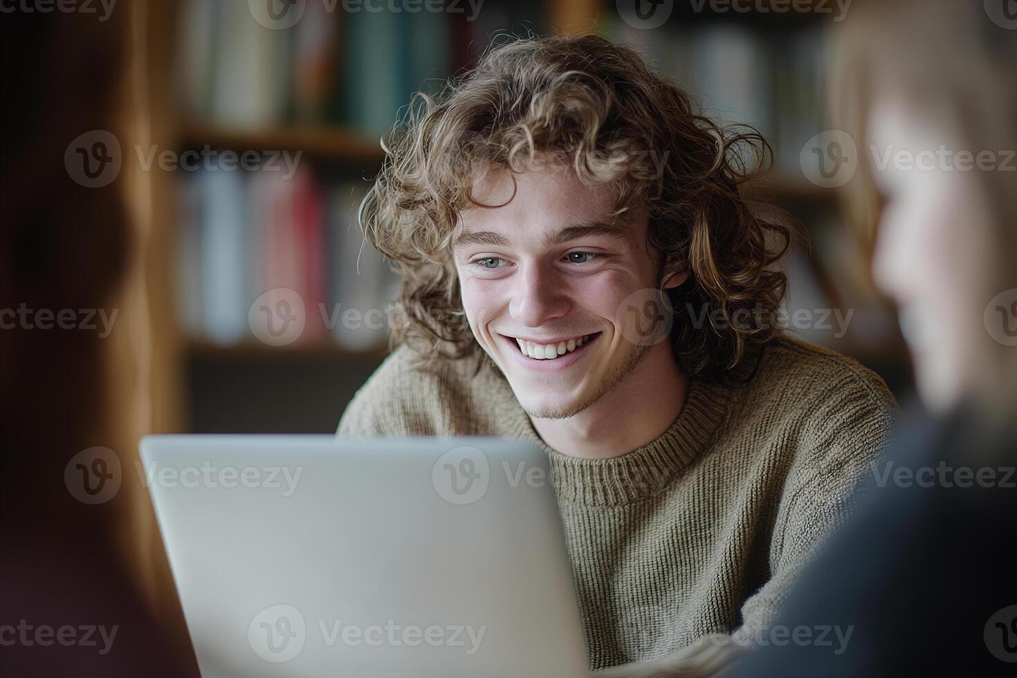 Smiling tutor guides student through an online lesson at a desk with a laptop and educational materials around, creating an inviting learning atmosphere photo