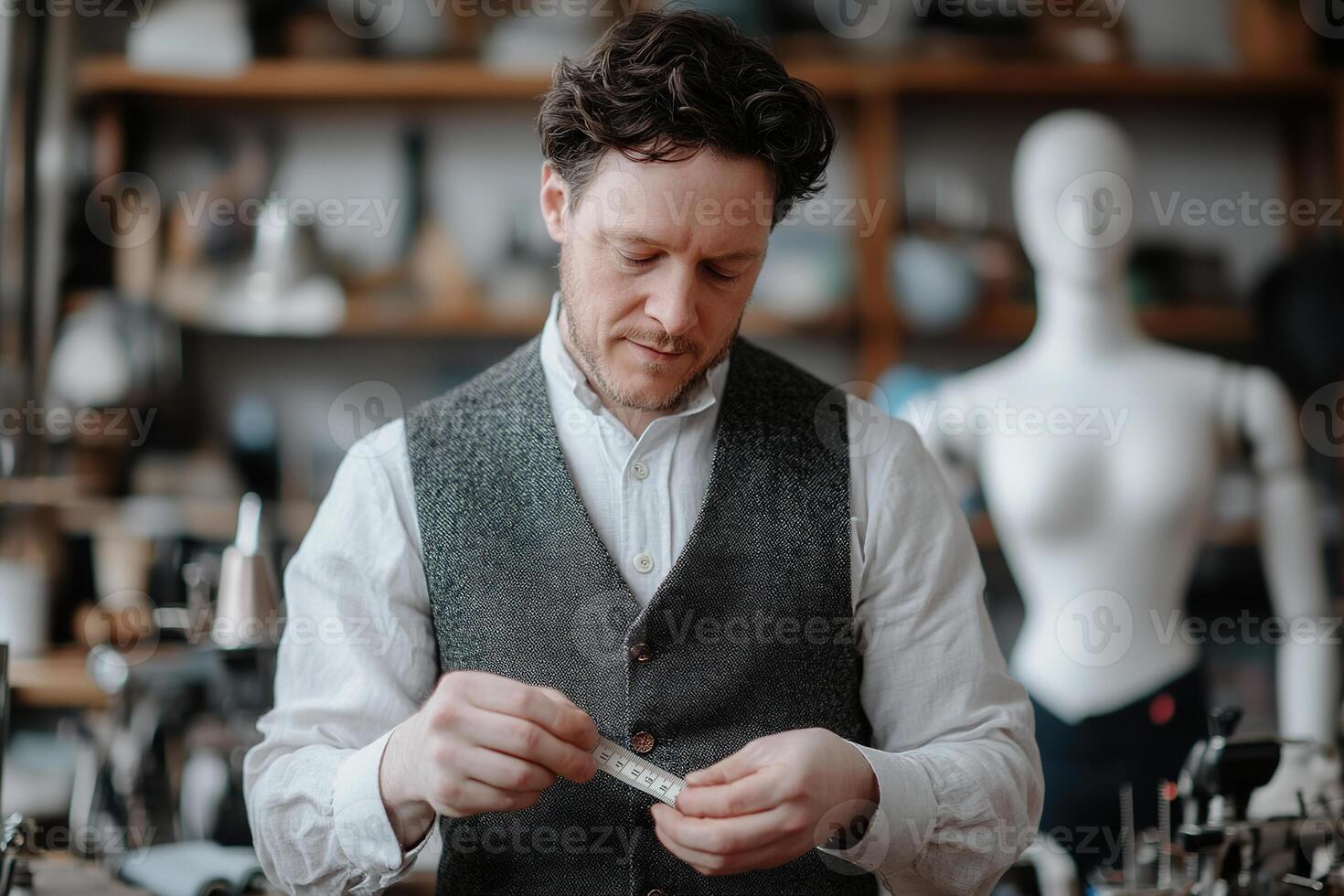 A skilled tailor in a classic vest meticulously measures fabric with a tape measure photo