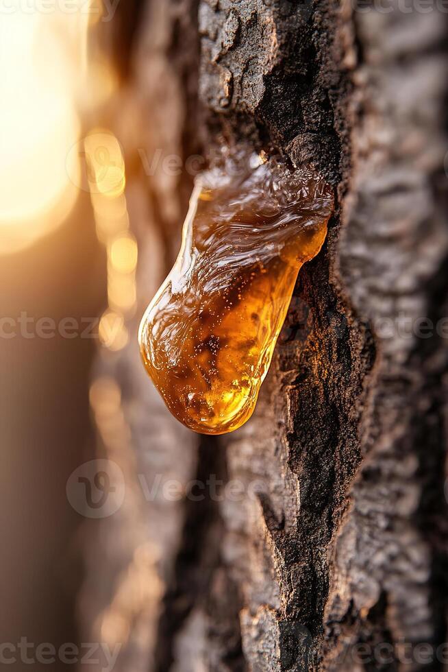 Golden amber tree resin drips gently from rugged bark, catching sunlight to create a warm glow. The soft-focus background adds a natural feel, ideal for eco-friendly branding photo