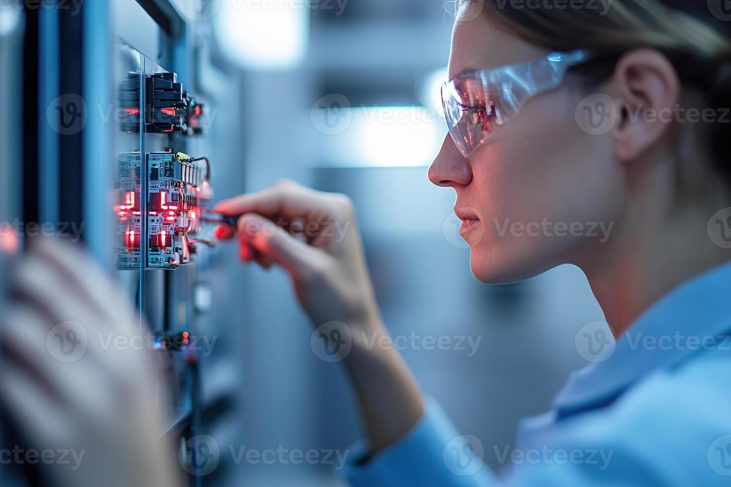 In a contemporary office, a skilled IT technician utilizes equipment to fix a desktop computer while checking a diagnostic screen. The setting features advanced technology and digital monitors photo