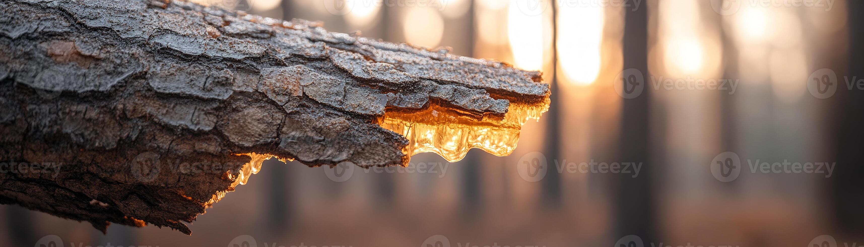 Golden amber tree resin slowly drips from the rough surface of bark, illuminated by sunlight. The softly blurred forest background enhances the warmth and natural beauty, ideal for wellness themes photo