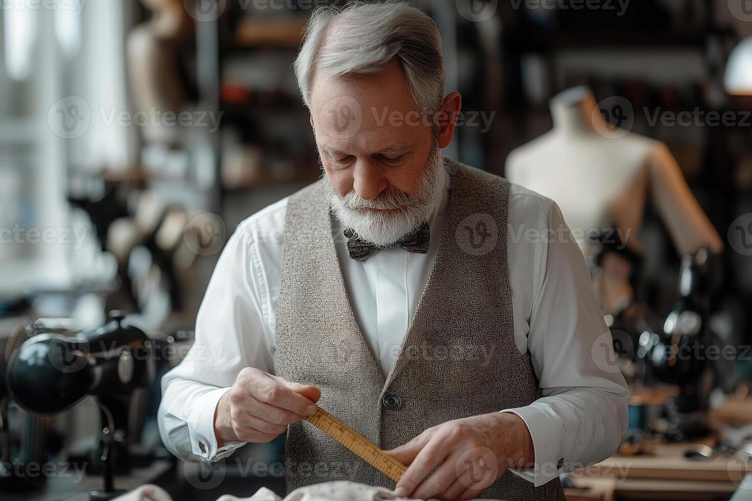 Expert tailor in a classic vest focuses on measuring fabric in a workshop rich with sewing tools and vintage machines, showcasing craftsmanship and precision photo
