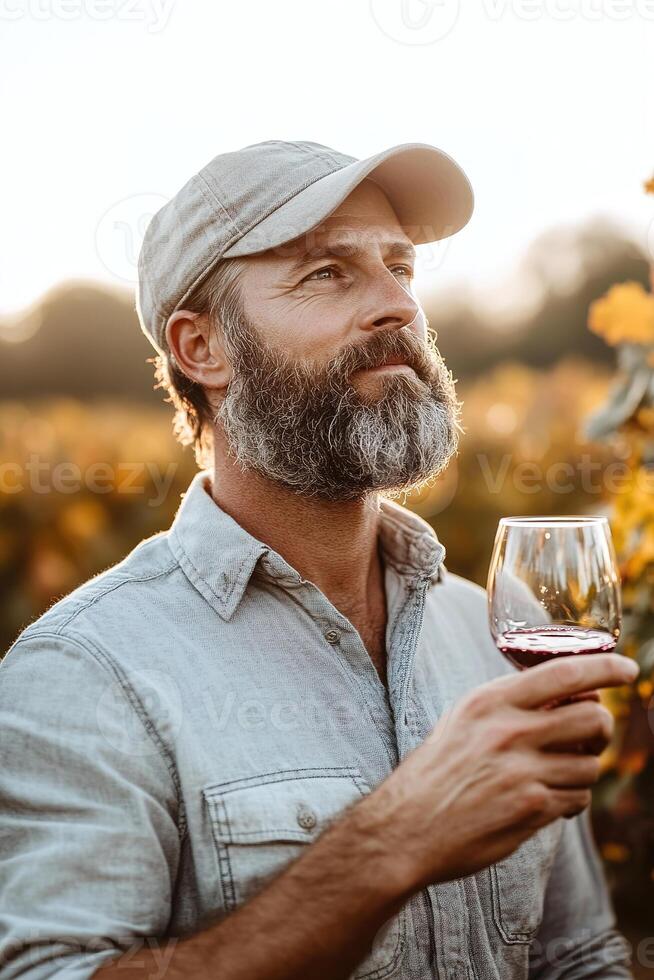 A winemaker holds a glass of red wine up to the light, inspecting its rich color amidst rows of grapevines. Soft sunlight filters through, enhancing the rustic vineyard atmosphere photo