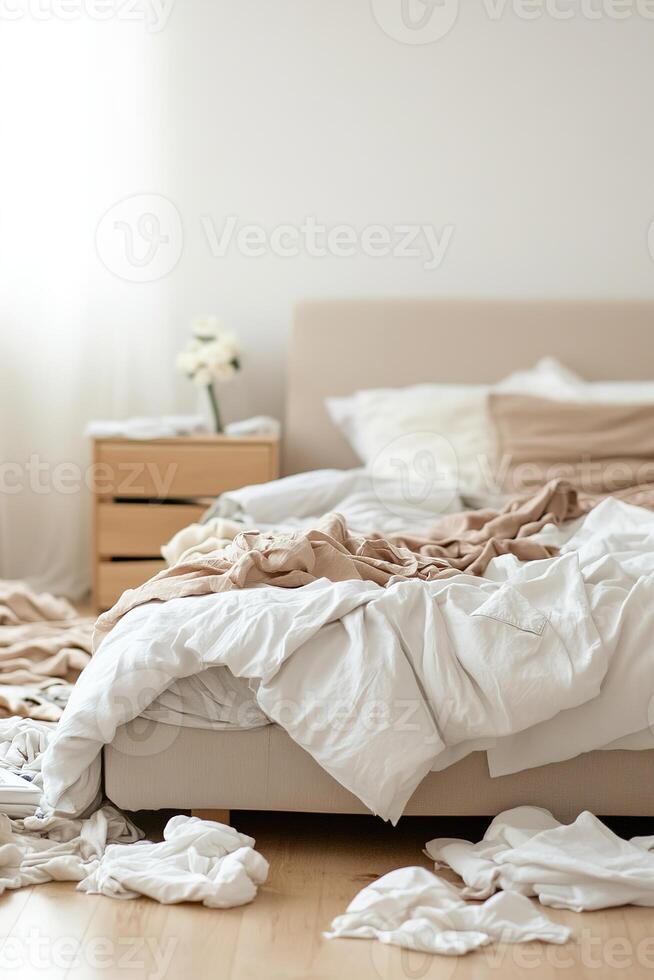 Bedroom filled with disorder, featuring an unmade bed and clothes scattered across the floor in a soft-focus setting. Ideal for promoting organizing and cleaning services photo