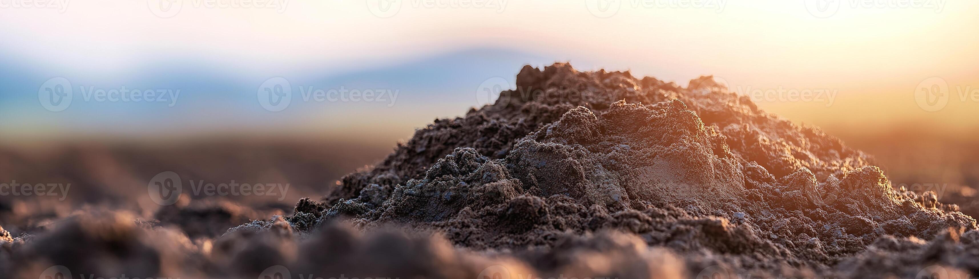 Freshly plowed dark brown soil showcases its rich texture under soft sunlight, with softly blurred rolling hills in the background, perfect for eco-friendly farming promotion photo