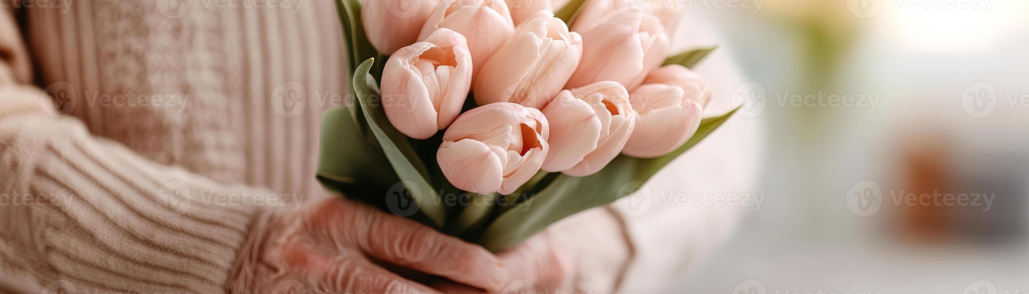 Close-up of an elderly man's hands gently holding soft pastel tulips, surrounded by a cozy home atmosphere. The heartfelt scene emphasizes kindness and family connection photo