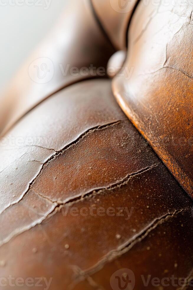 Detailed view of an aged leather sofa highlighting its cracks and faded color. Soft lighting accentuates its texture, perfect for showcasing restoration potential photo