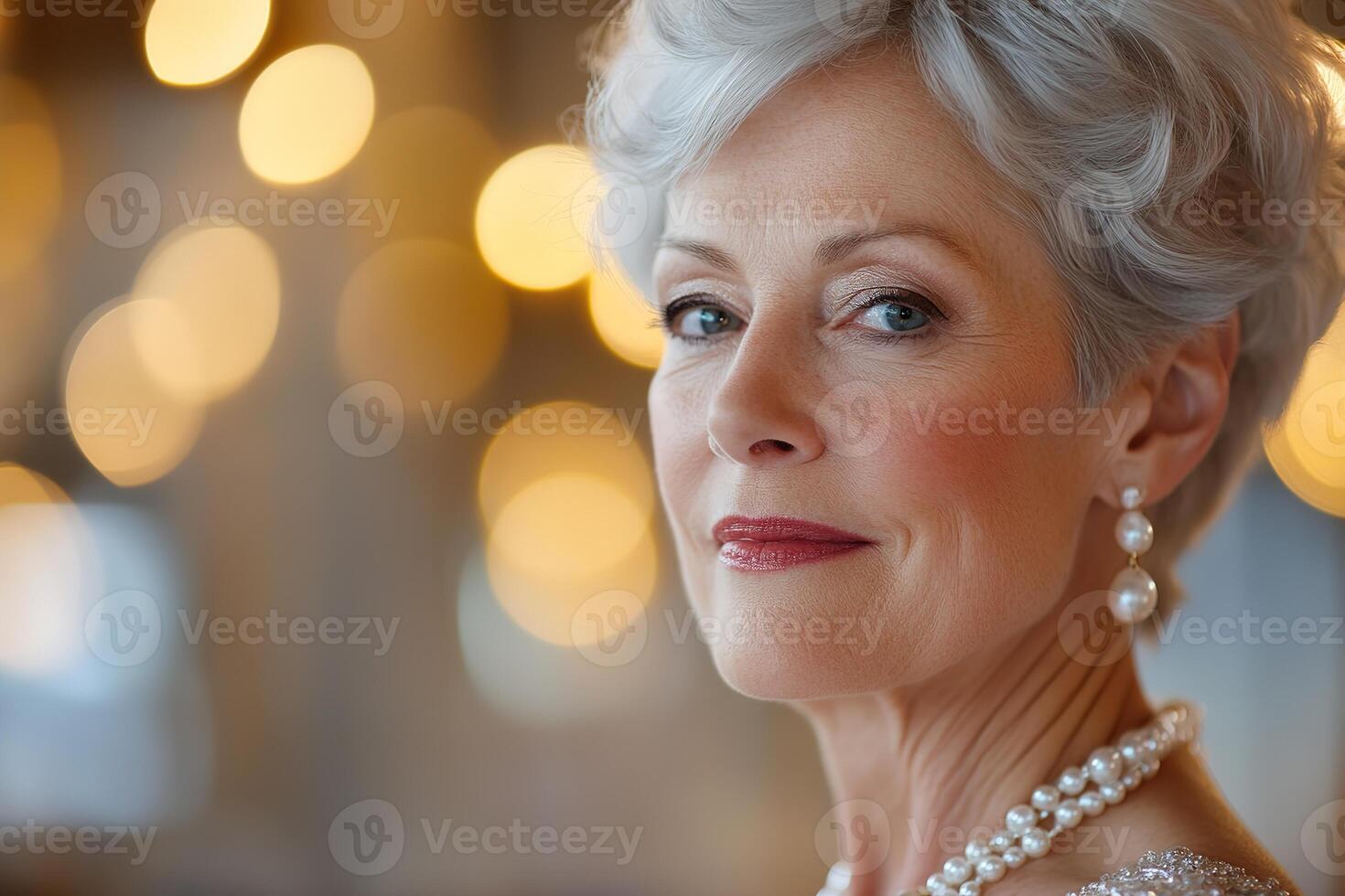 An elderly woman with short silver hair enjoys the lively atmosphere of a jazz dance club, wearing pearls and a fashionable dress amidst warm golden hues photo