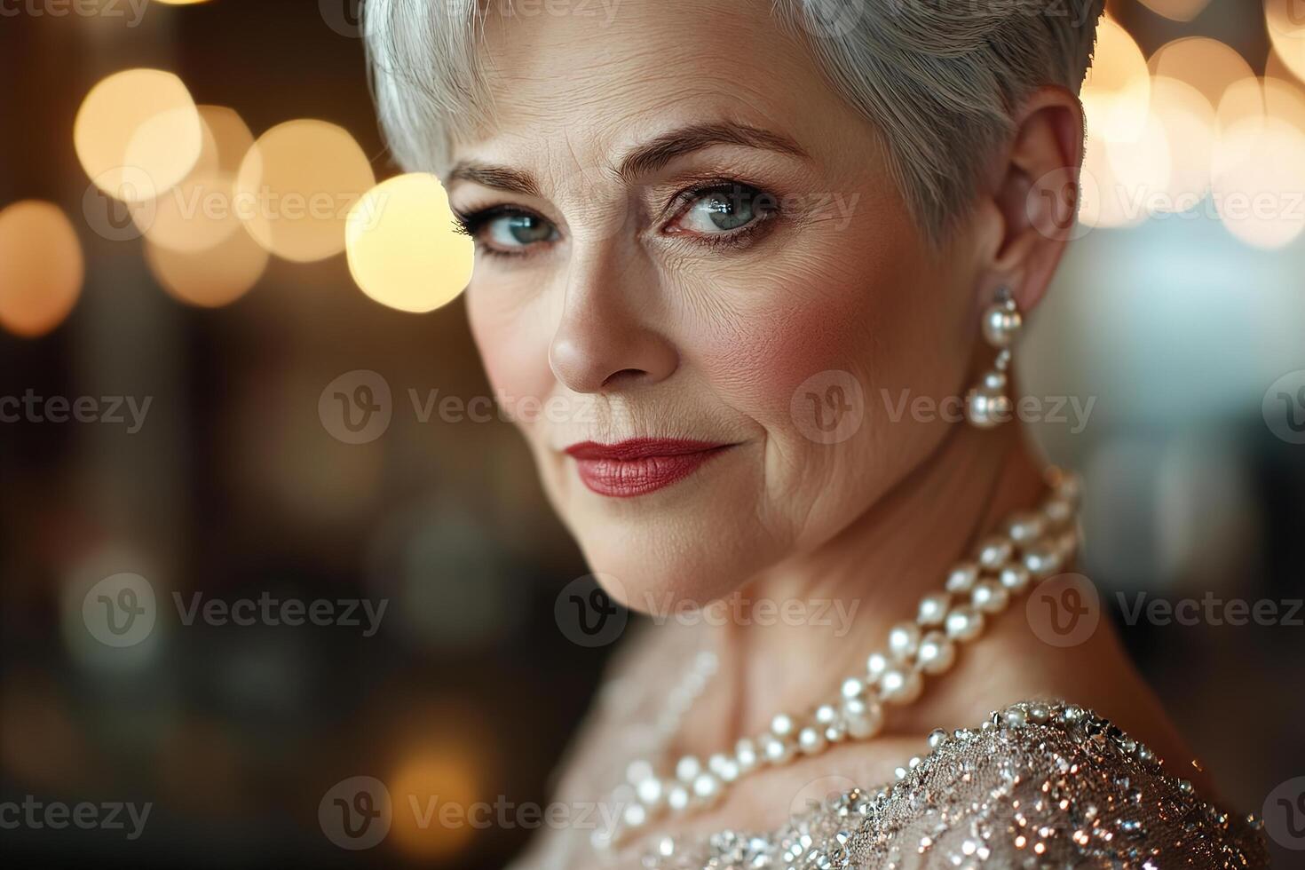 An elderly woman with short silver hair and pearls exudes sophistication while immersed in the vibrant atmosphere of a jazz dance club, surrounded by warm golden tones photo