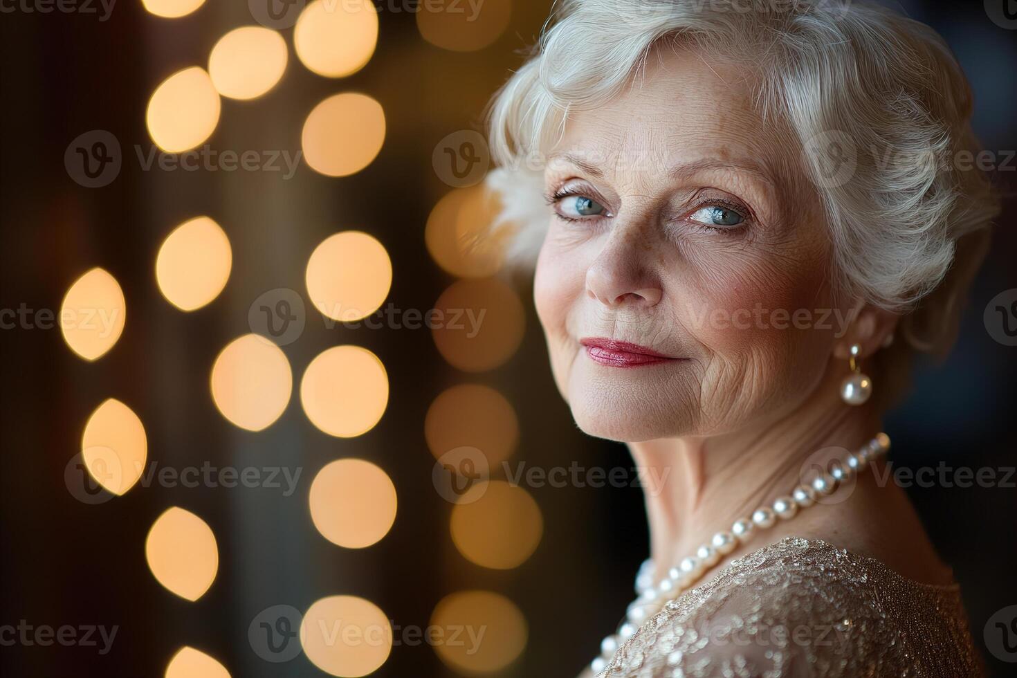 Close-up of an elderly woman with short silver hair, wearing a fashionable dress and pearls, relishing the warm ambiance of a jazz dance club during an elegant evening photo