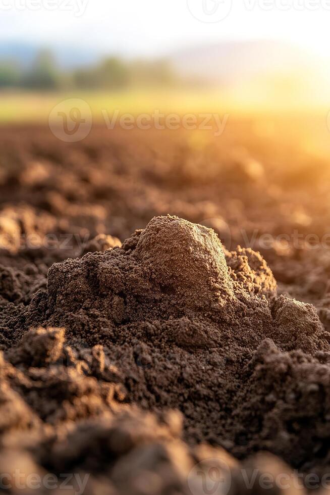 The dark brown soil is freshly plowed and illuminated by soft sunlight. Rolling hills gently blur in the background, creating a serene and organic atmosphere perfect for eco-friendly farming photo