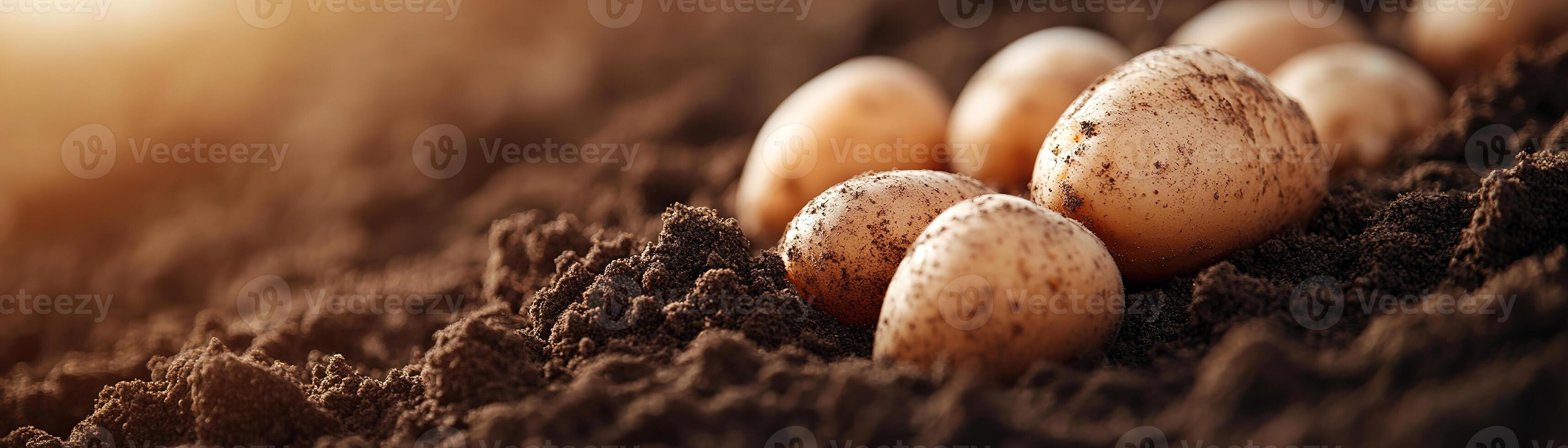 Close-up of freshly harvested potatoes nestled in rich dark soil, showcasing earthy textures and a rustic aesthetic perfect for promoting organic farming and sustainability photo