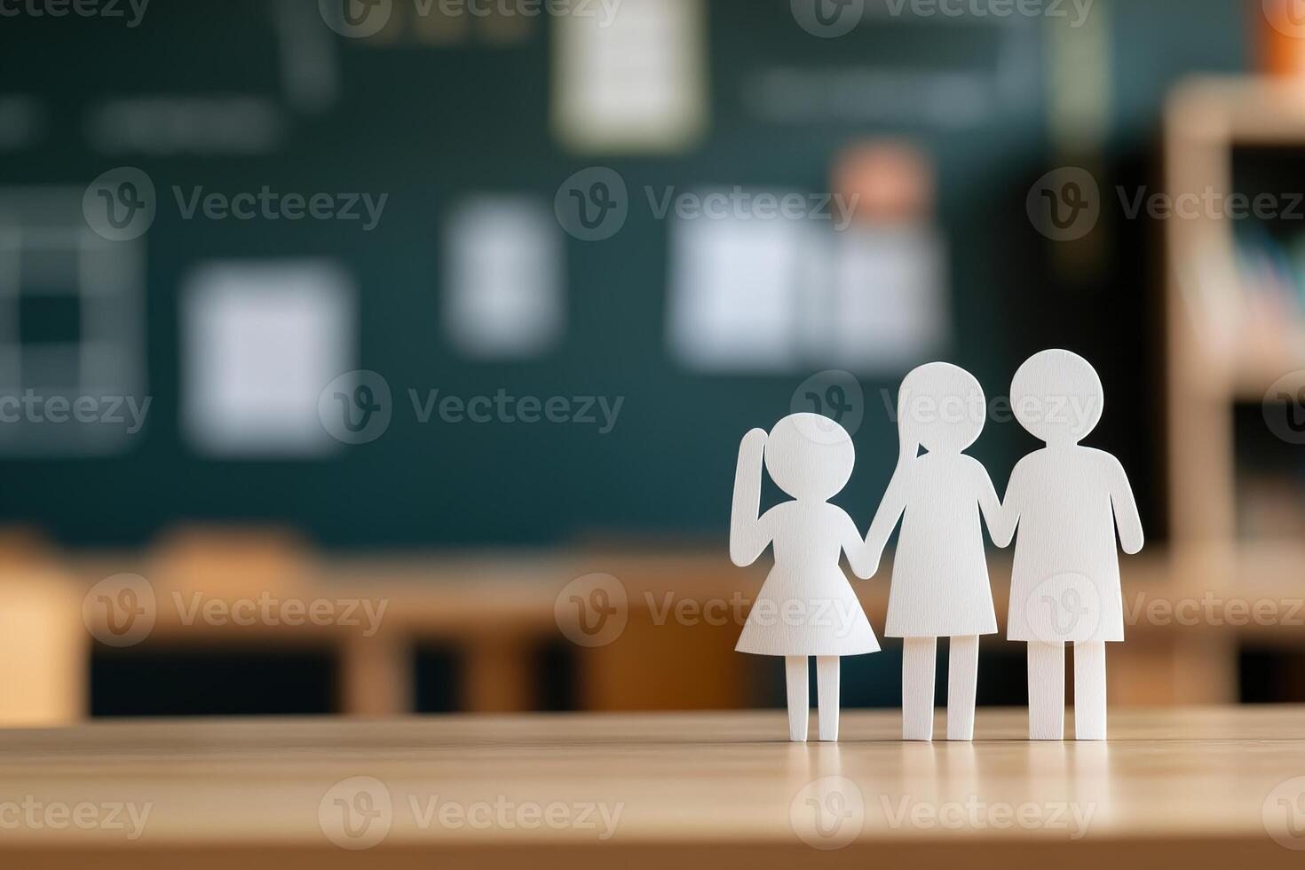 Close-up of paper cutouts representing a family standing together on a wooden school desk, set against a softly blurred primary school classroom backdrop, promoting school-parent connection photo
