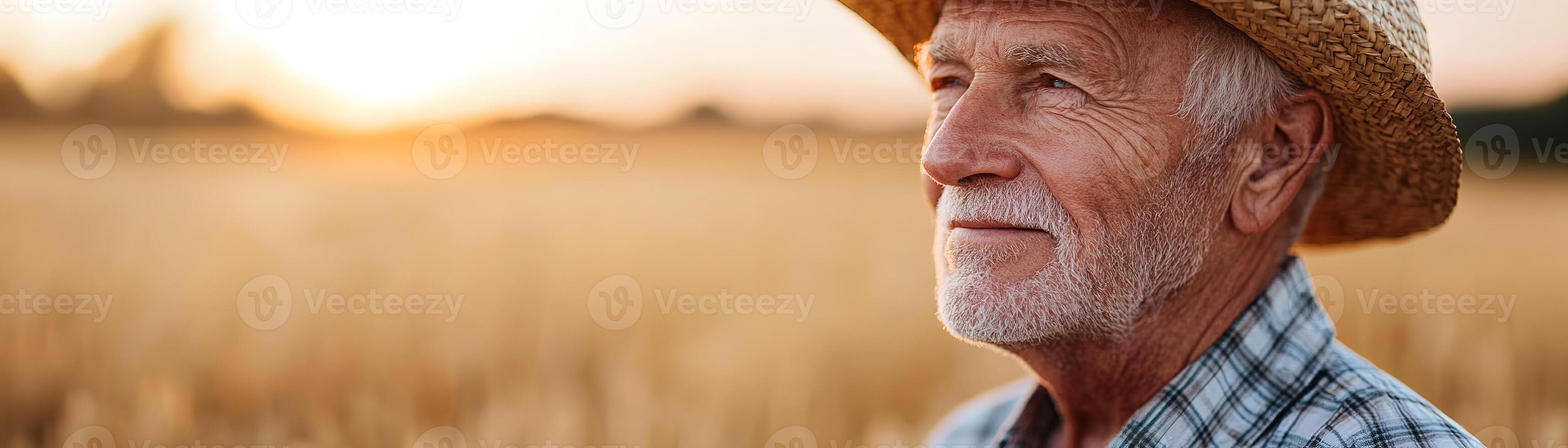 An elderly farmer with deep wrinkles stands in a golden wheat field at sunset, wearing a straw hat and plaid shirt. His reflective gaze captures a lifetime of stories and experience photo