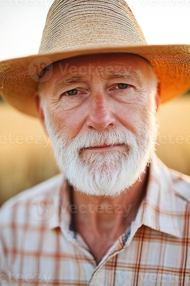 Close-up of an elderly farmer with deep wrinkles, wearing a straw hat and plaid shirt, amidst a golden wheat field during a warm sunset that creates a nostalgic atmosphere photo