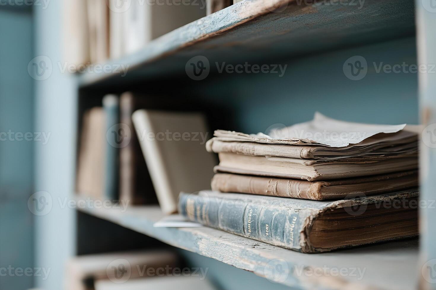 Close-up view of a dusty bookshelf loaded with old books, scattered papers, and forgotten trinkets, creating a relatable scene for decluttering service promotions photo