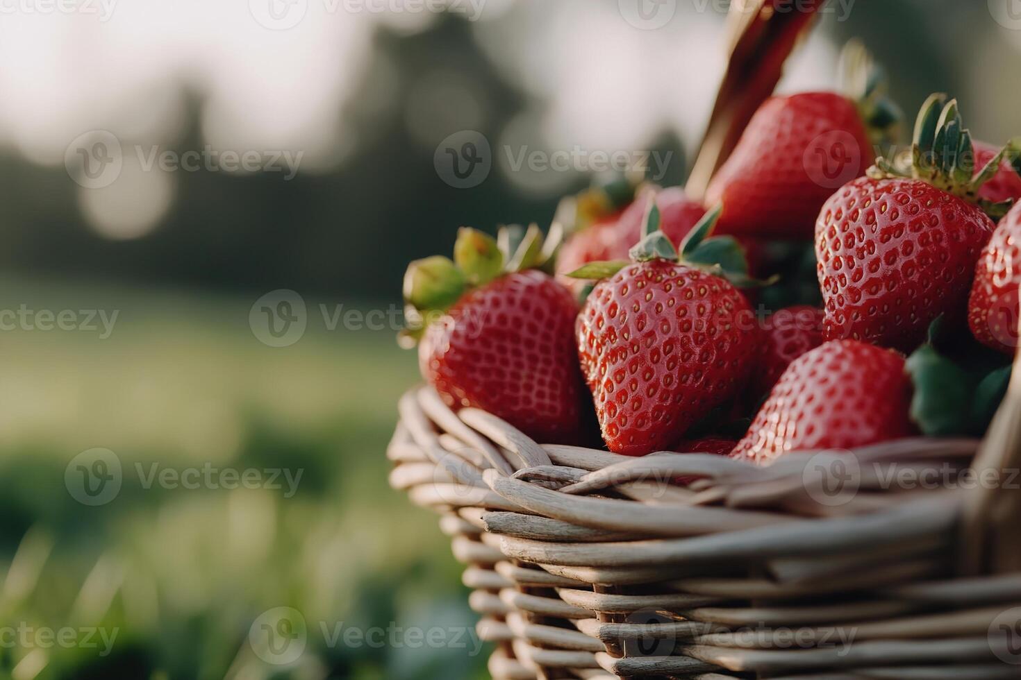 A small wicker basket filled with plump, ripe strawberries glistens with freshness, resting on lush green grass photo