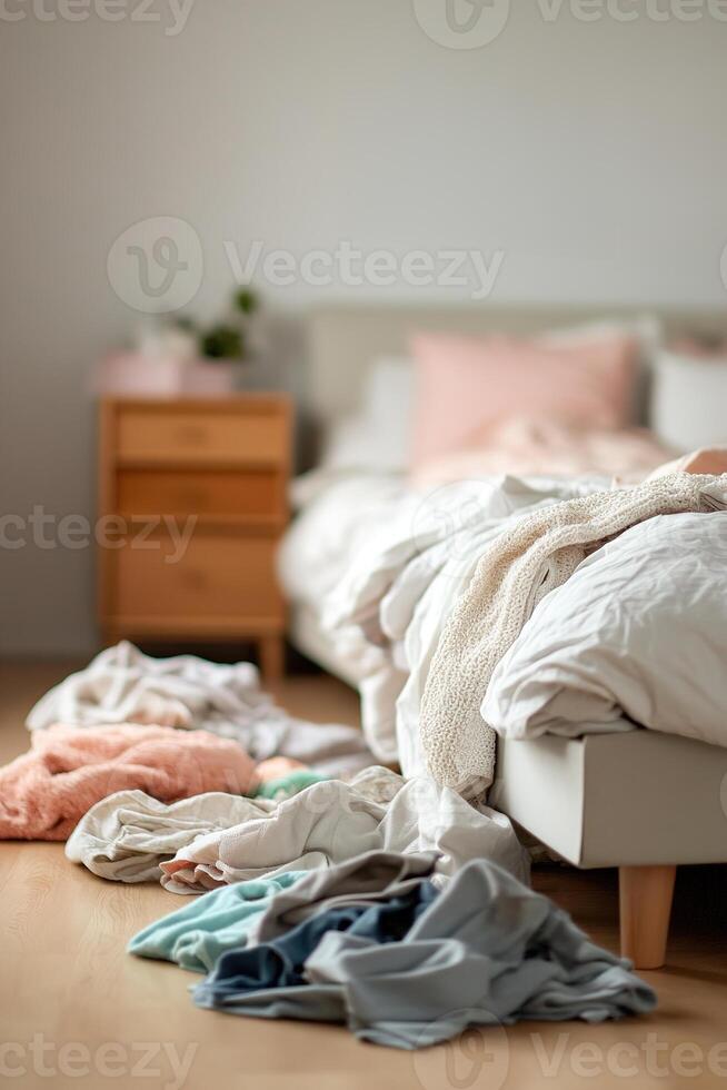 Soft textures and disarray characterize this bedroom, where an unmade bed contrasts with tossed clothes and a busy nightstand, presenting an authentic daily life scene photo