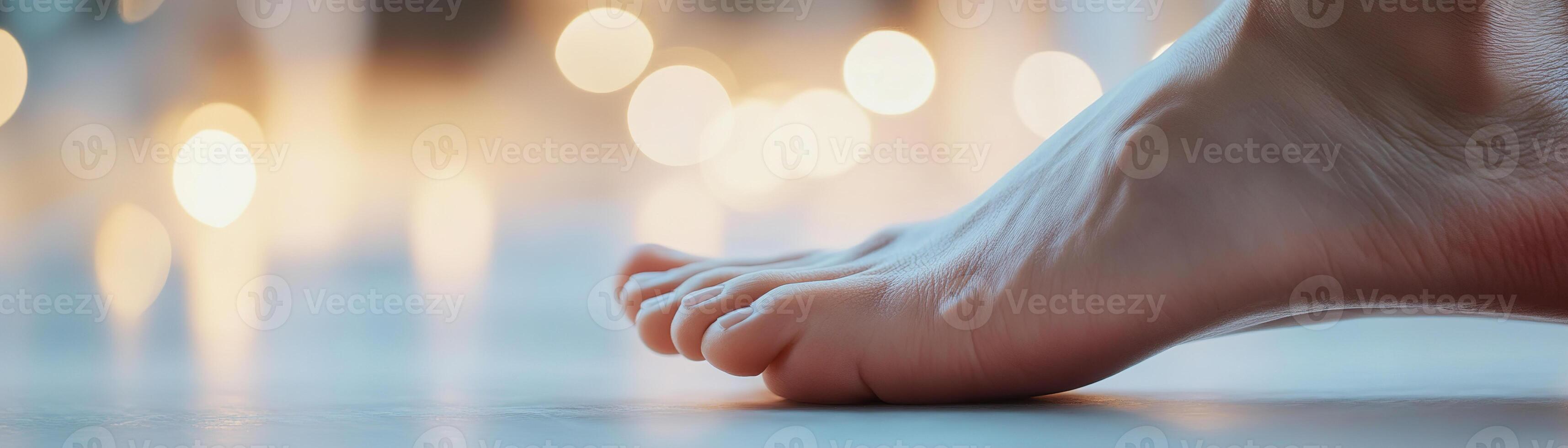 Close-up of a person gently massaging their sole, highlighting the slightly red area from discomfort. The warm tones suggest relaxation and care for foot health photo
