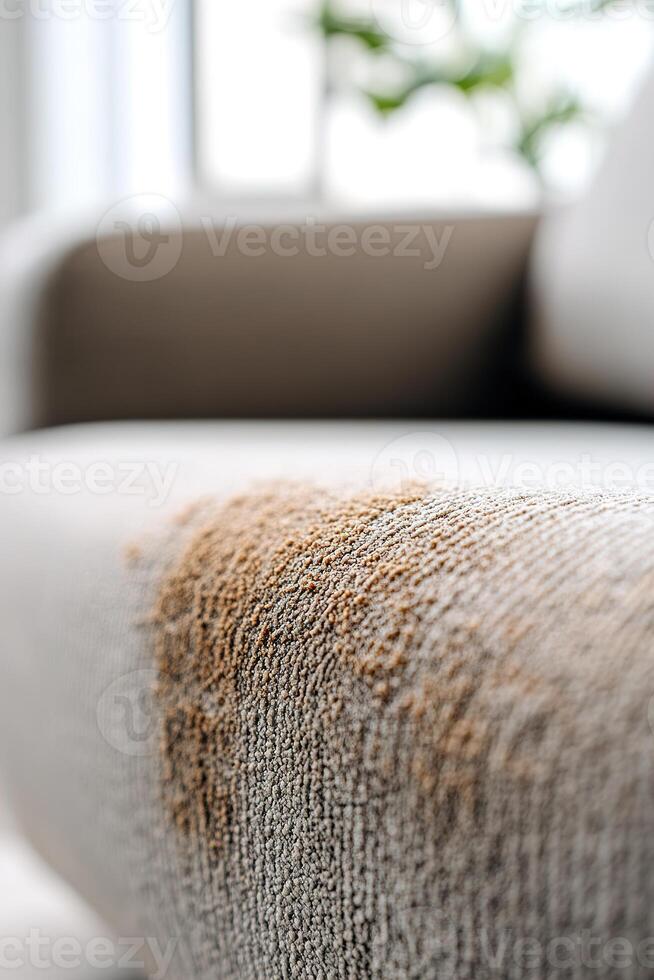 Close-up view of a soft gray fabric couch showcasing dark grease stains on the armrest. The blurred background creates a neutral ambiance, suitable for cleaning services advertising photo