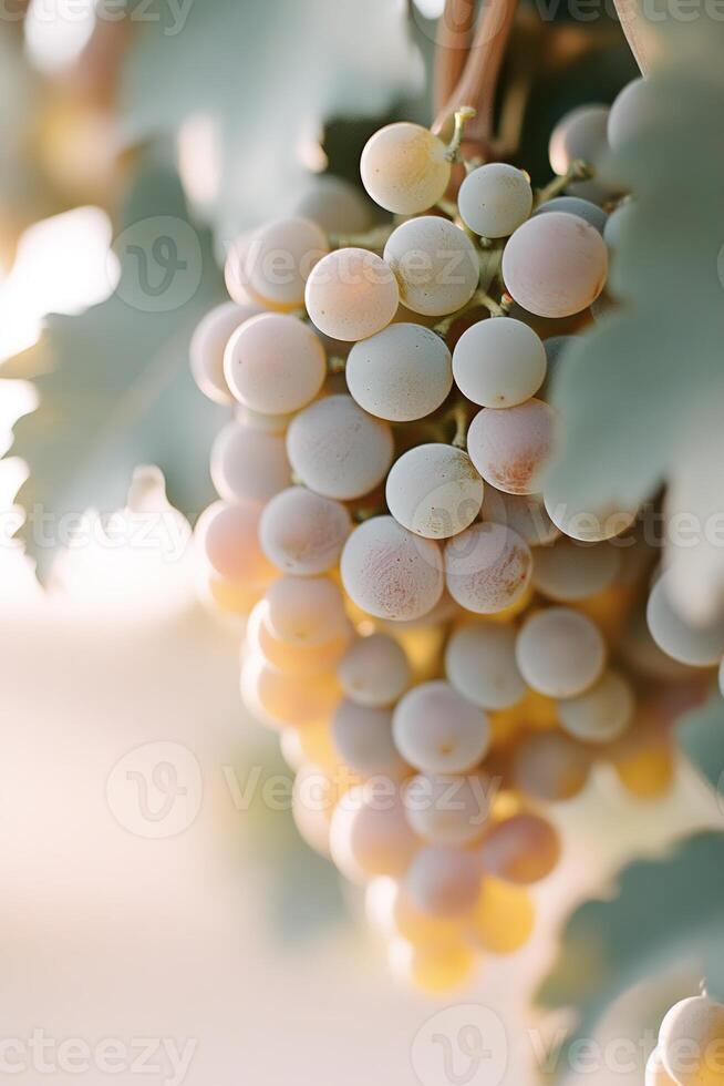 Deep purple and green grapes dangle from a vine, bathed in warm golden-hour light. A blurred vineyard backdrop creates a serene and fresh atmosphere, ideal for organic branding photo