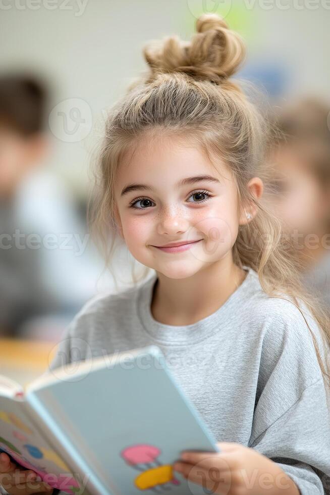 A friendly teacher reads a colorful picture book on a rug to curious young students in a warm classroom. Their faces show excitement and eagerness to learn new stories photo