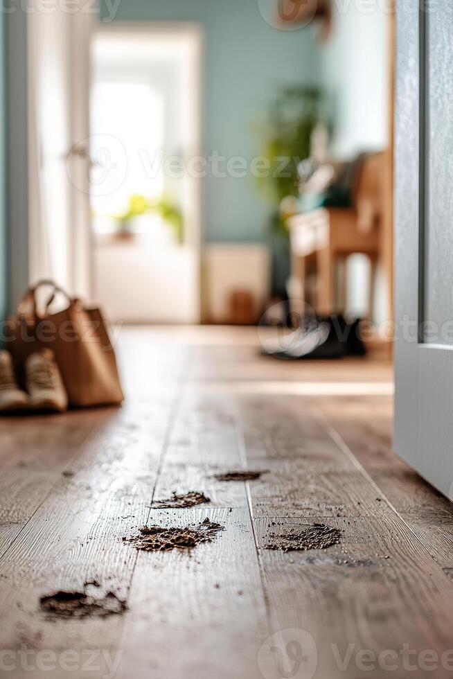 Muddy footprints mar the wooden floor of a hallway, guiding the viewer toward a disorganized entrance overflowing with shoes and bags, creating an engaging image for cleaning service promotion photo