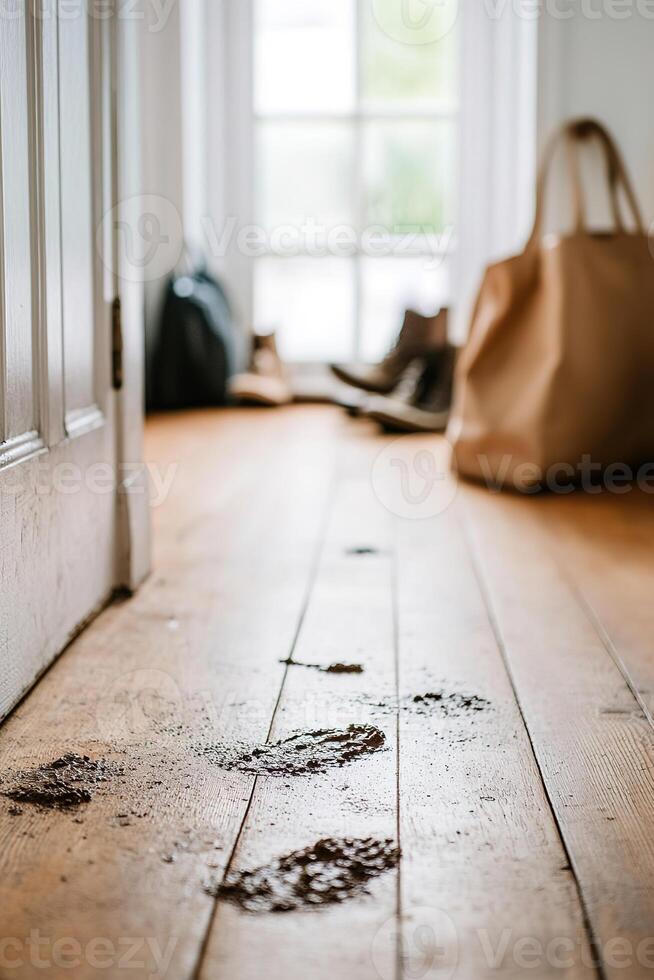 Muddy footprints trail across the wooden hallway floor, leading to a cluttered entrance area filled with various shoes and bags, inviting attention to cleaning needs photo