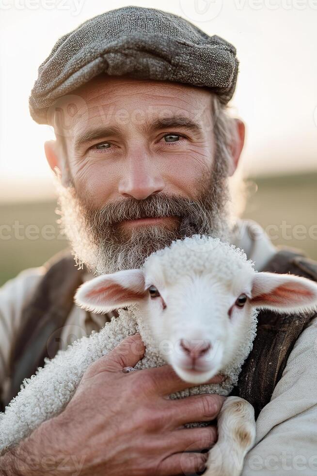 In a sunlit pasture, a compassionate farmer cradles a small lamb, showcasing a bond that highlights ethical farming practices in a serene rural setting photo
