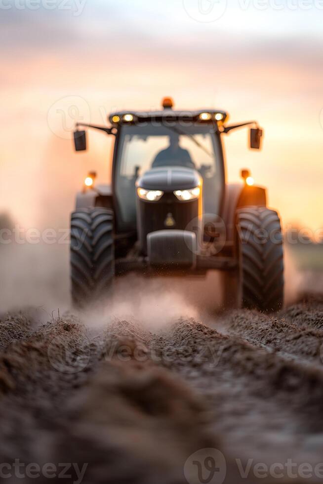 A large tractor moves steadily through an open field, kicking up dust as the sun sets, casting a warm glow over the landscape. The soft blur of the sky enhances the rural atmosphere photo