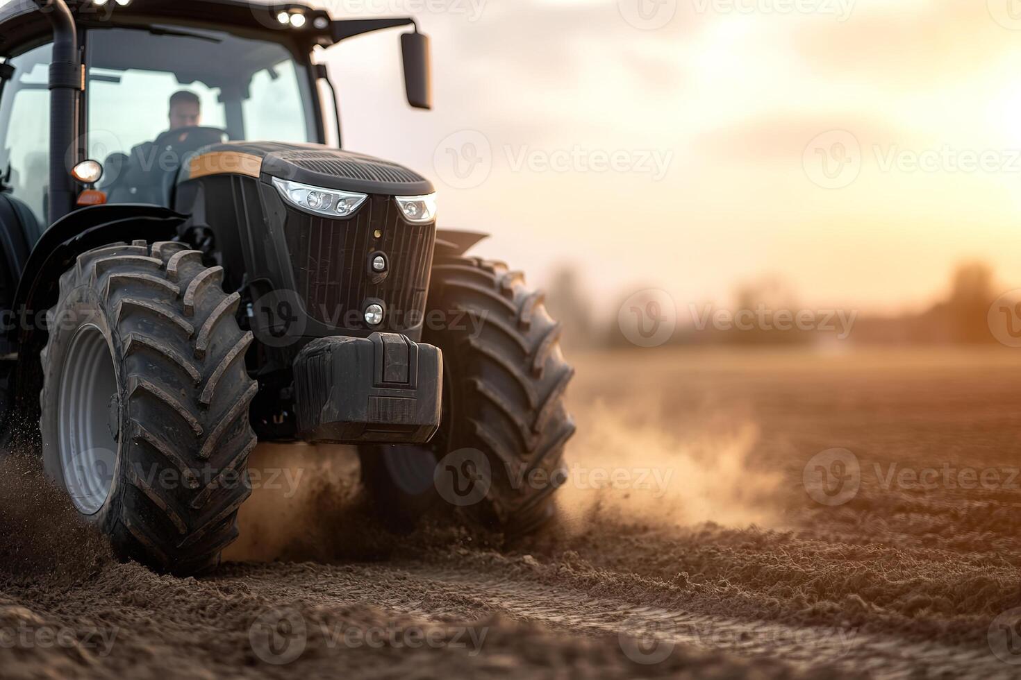 A large tractor moves steadily across an open field, generating clouds of dust as the warm sunlight casts a golden hue. This captures the essence of hard work in modern agriculture photo
