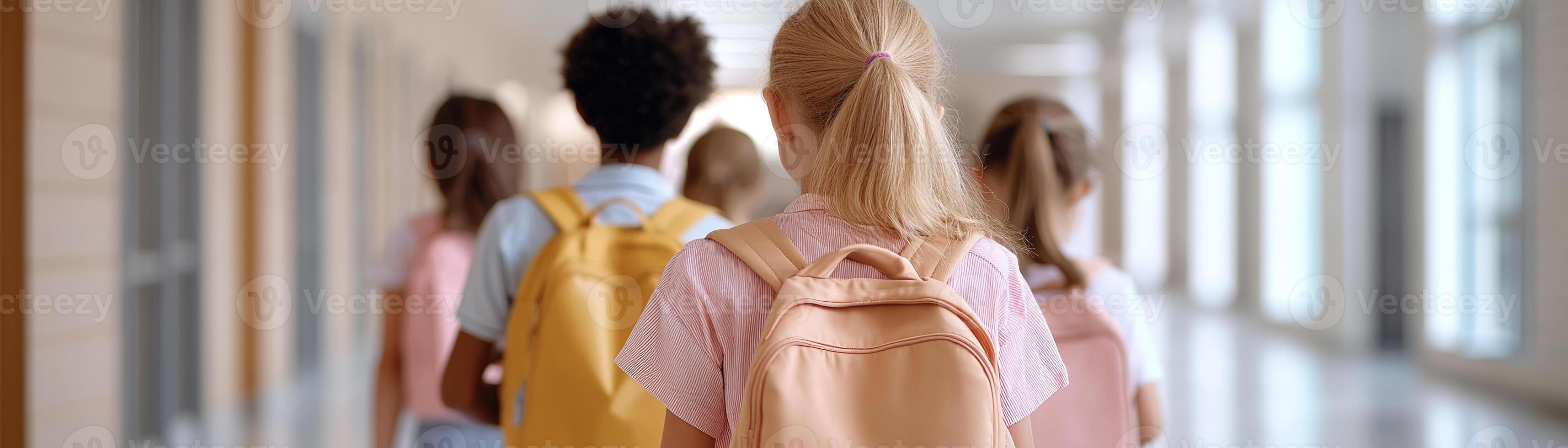 A group of young students from various backgrounds walks down a well-lit school hallway. They carry backpacks and books, creating a sense of unity and motivation among peers photo