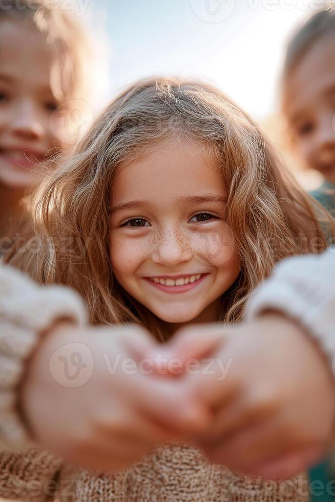 In a bright schoolyard, primary school children stand in a circle, holding hands and smiling. The scene captures a sense of unity, joy, and community among the kids during a sunny day photo