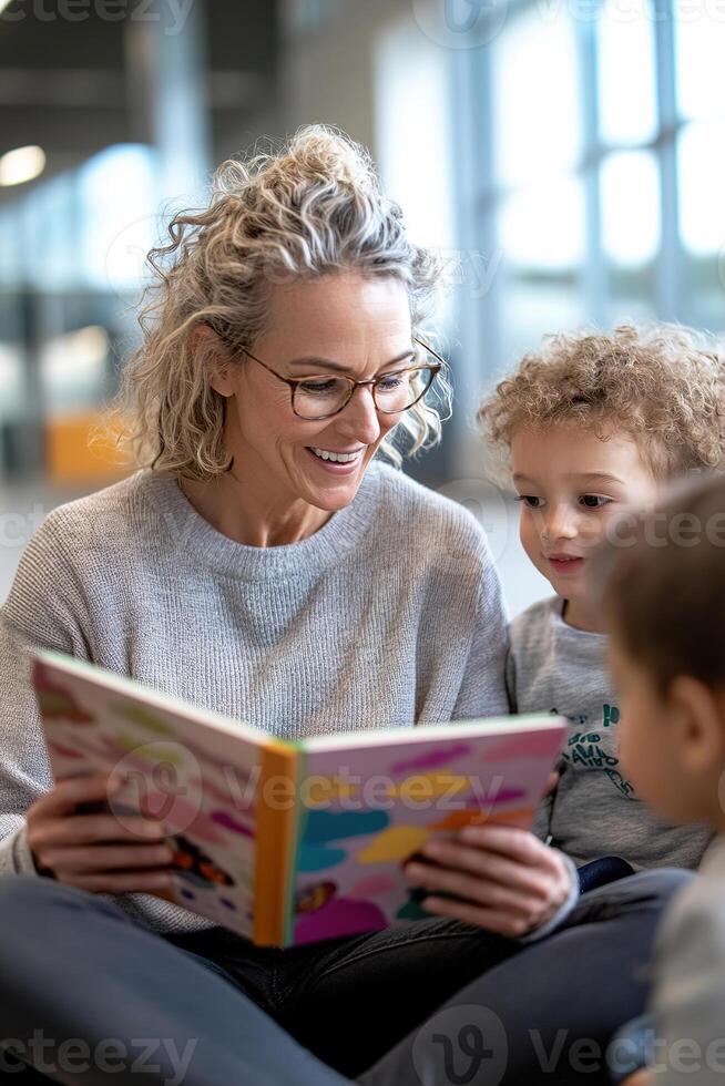A friendly teacher reads a colorful picture book to a group of young students sitting on a rug, their faces full of curiosity and excitement in a nurturing classroom environment photo