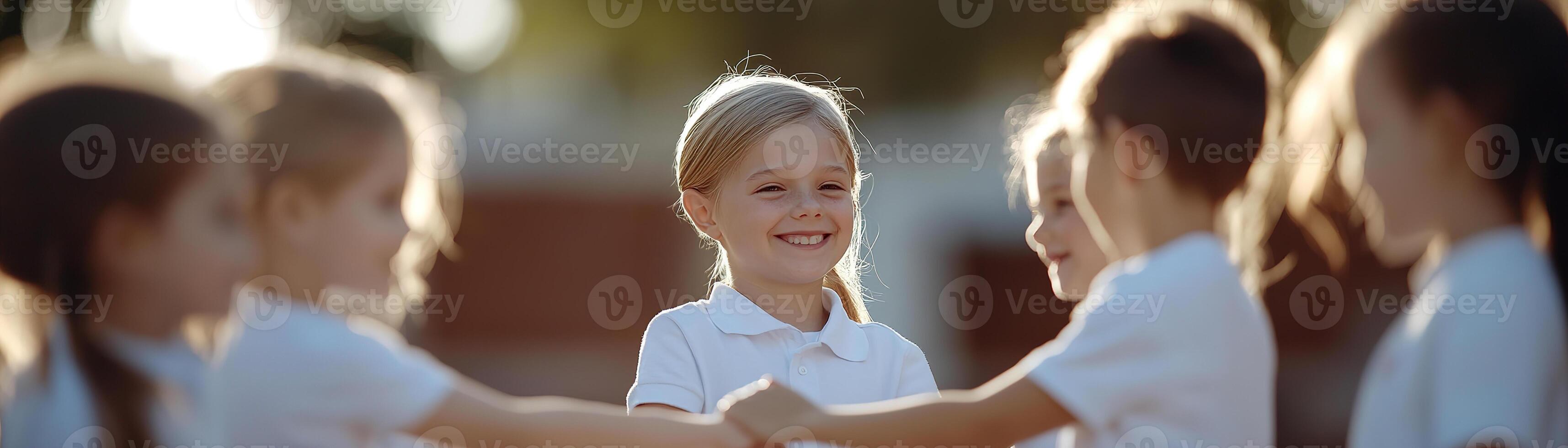 In a sunlit schoolyard, a group of primary school children stand in a joyful circle, holding hands and smiling brightly. The bright sky adds to the atmosphere of friendship and community spirit photo