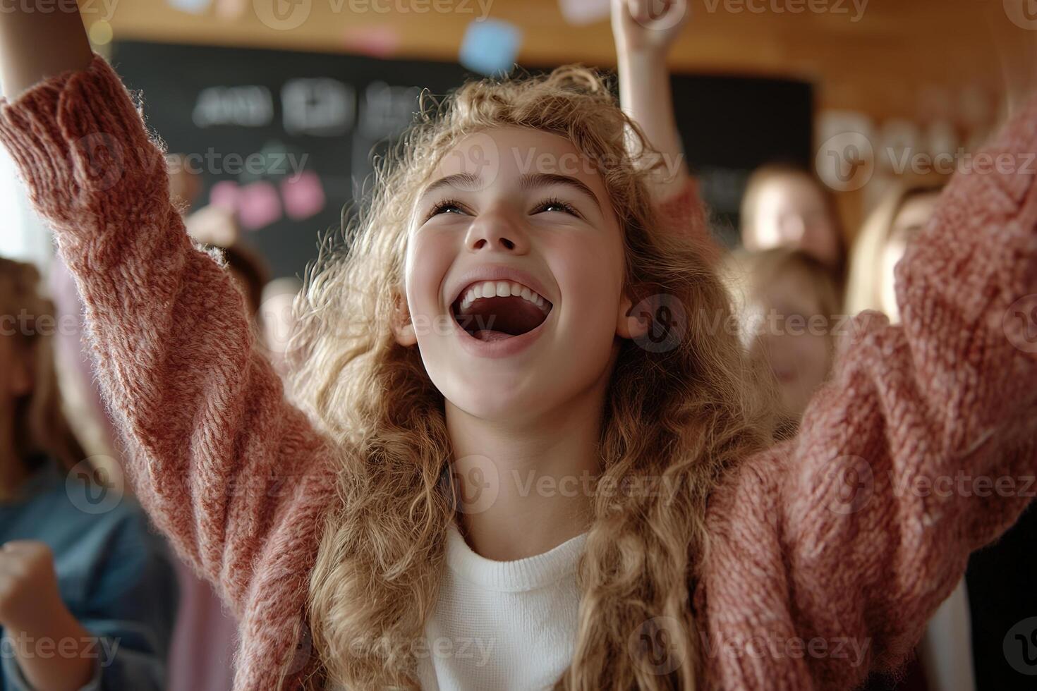 A group of young students eagerly raises their hands in a brightly lit classroom, filled with joy and anticipation. The soft background highlights the engaging learning environment photo