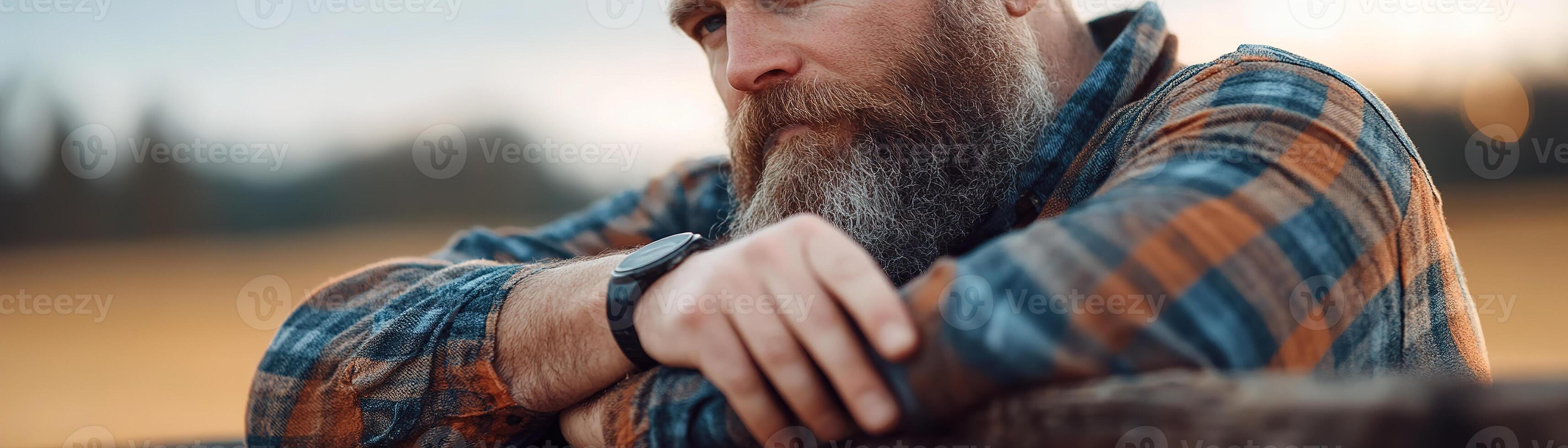 A rugged farmer stands leaning on a wooden fence, wearing a flannel shirt. He gazes thoughtfully over rolling fields, capturing the essence of traditional farming and sustainability photo