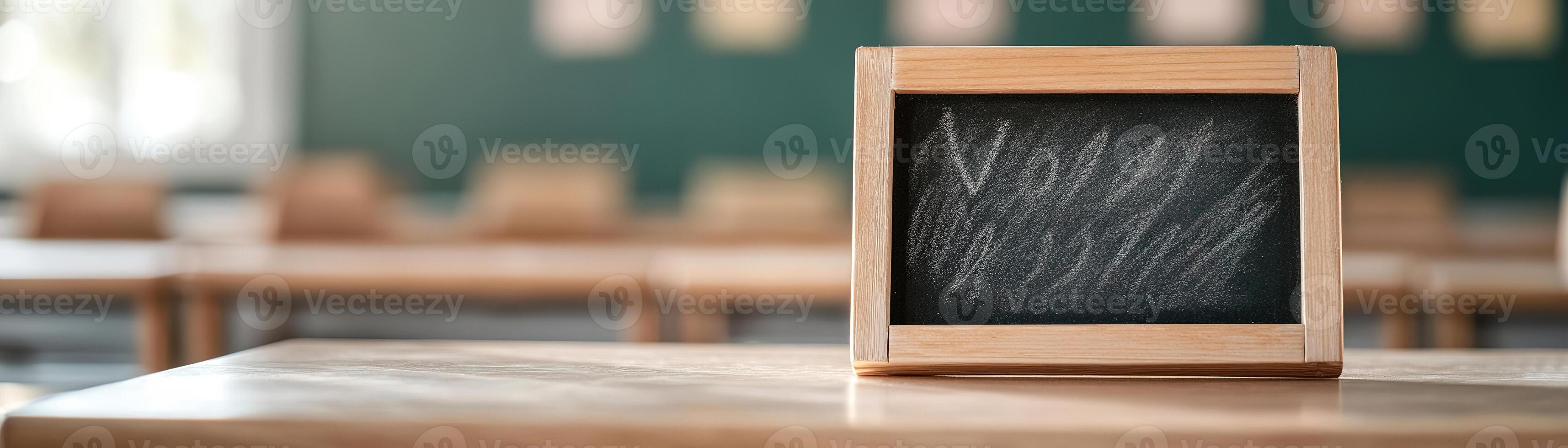 A rustic wooden-framed chalkboard with softly drawn alphabet letters sits on a desk in a classroom. The background is softly blurred, creating a classic educational atmosphere for branding photo