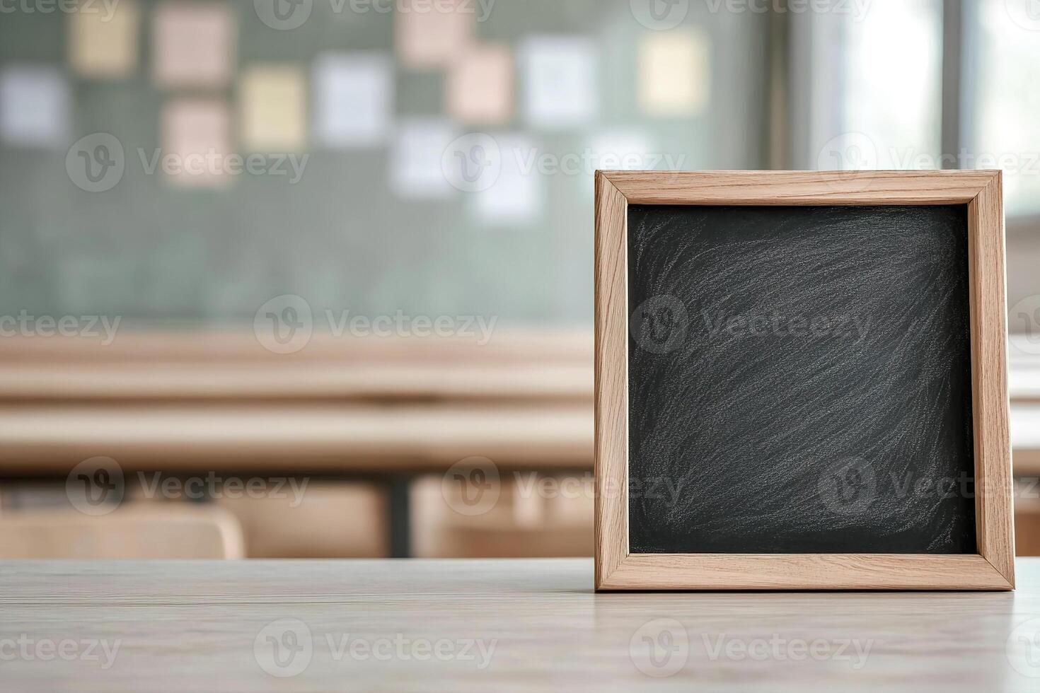 Rustic wooden-framed chalkboard with alphabet letters drawn softly is placed on a desk in a blurred classroom, creating an inviting educational atmosphere perfect for branding photo