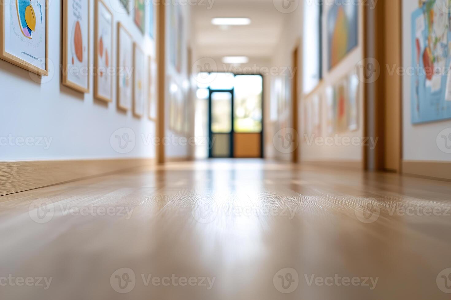 Soft lighting enhances the vibrant student artwork lining the corridor of a primary school. Sunlight streams through open windows, creating an inviting environment for visitors photo