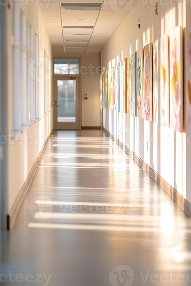 Soft lighting fills a spacious primary school corridor adorned with vibrant student artwork, inviting families to join the welcoming school community photo