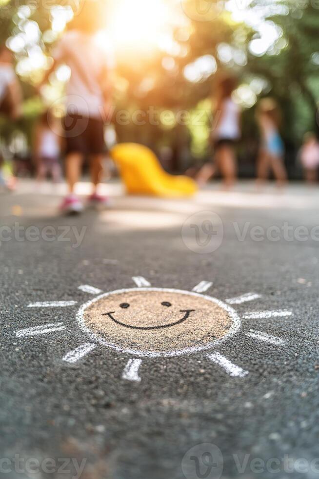 A cheerful chalk drawing of a smiling sun adorns the concrete of a school playground. Children play joyfully in the soft afternoon light, creating a nostalgic atmosphere photo