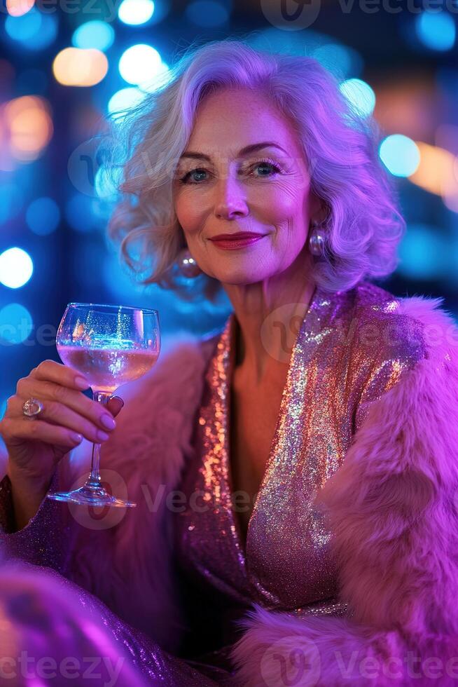 A graceful senior woman, dressed in an elegant outfit, smiles softly while holding a cocktail glass under ambient club lighting. The rich purple and blue hues create a celebratory atmosphere photo