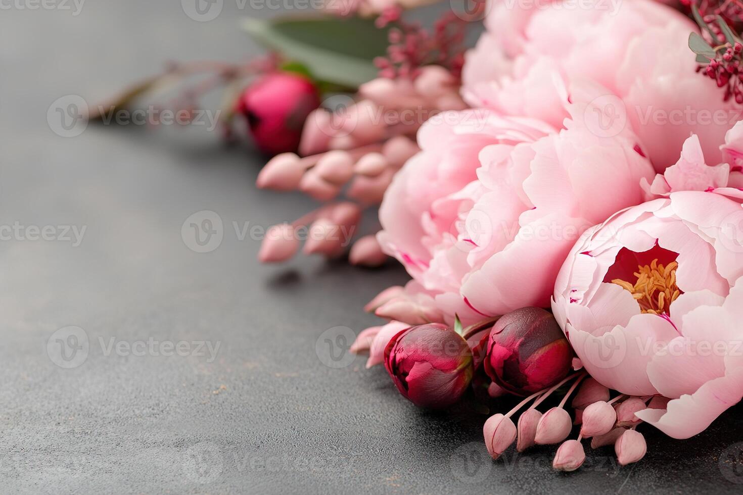 Deep pink and red peonies create a striking arrangement against a dark background. Soft lighting highlights their textures, enhancing the elegant presentation, perfect for luxury marketing photo