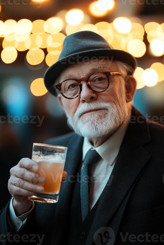 An elderly gentleman in a vintage suit sips a drink while enjoying music. Retro decor and warm lighting create a nostalgic atmosphere, perfect for timeless lifestyle promotions photo