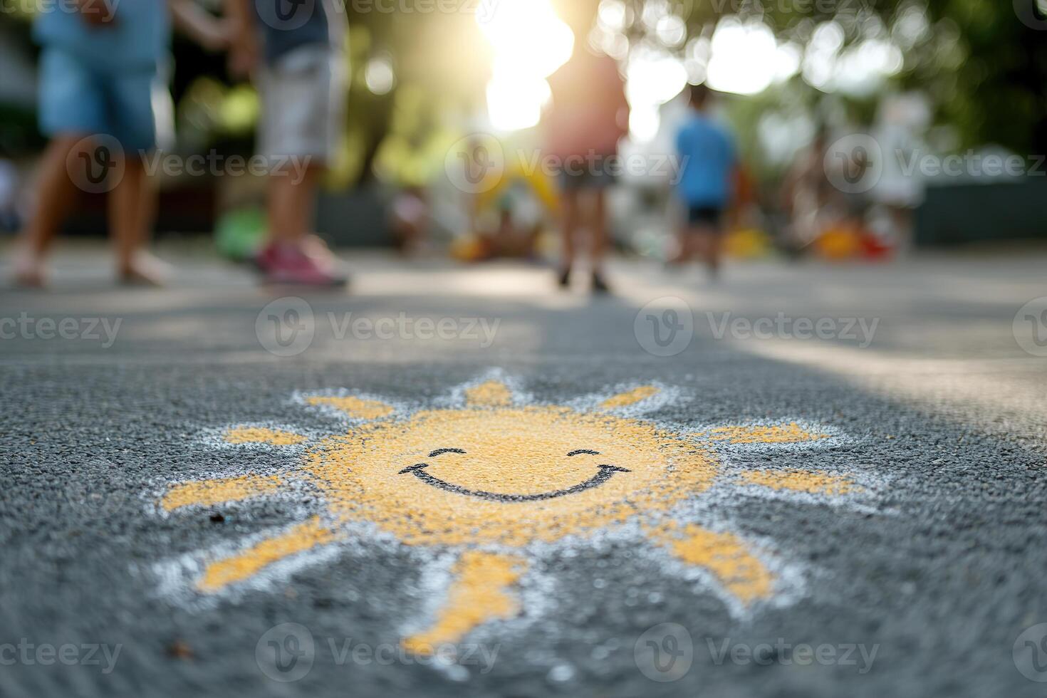 A chalk drawing of a smiling sun brightens the concrete floor of a school playground, while children play joyfully in the afternoon sunlight, creating a cheerful atmosphere photo