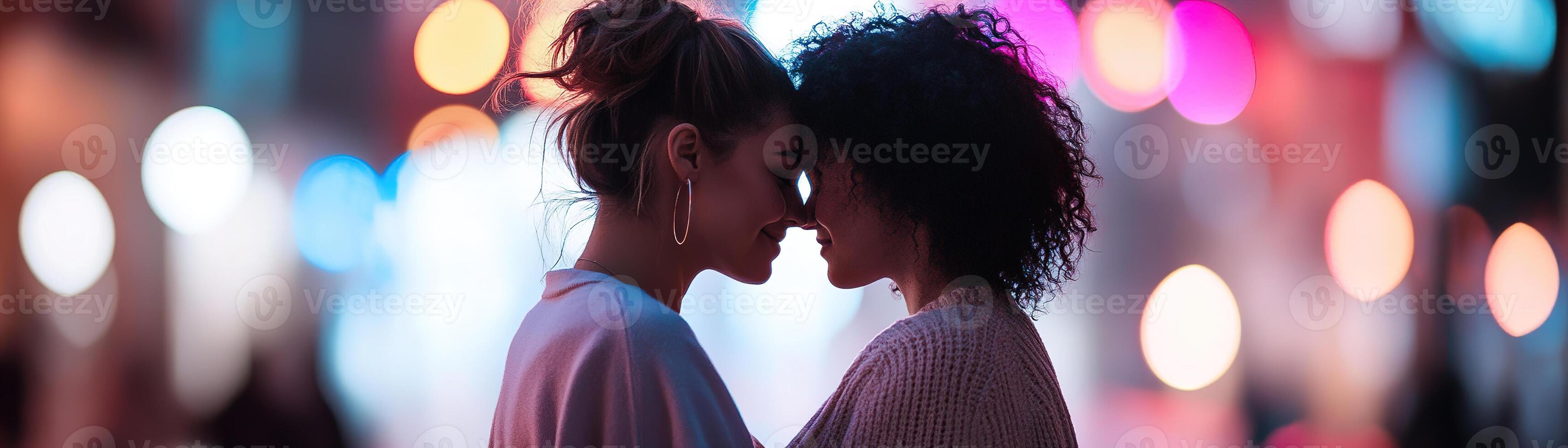 A soft-focus silhouette portrays an LGBTQ couple in an intimate moment, surrounded by a blurred city skyline. The gentle rainbow glow adds a layer of affection and warmth, symbolizing love photo