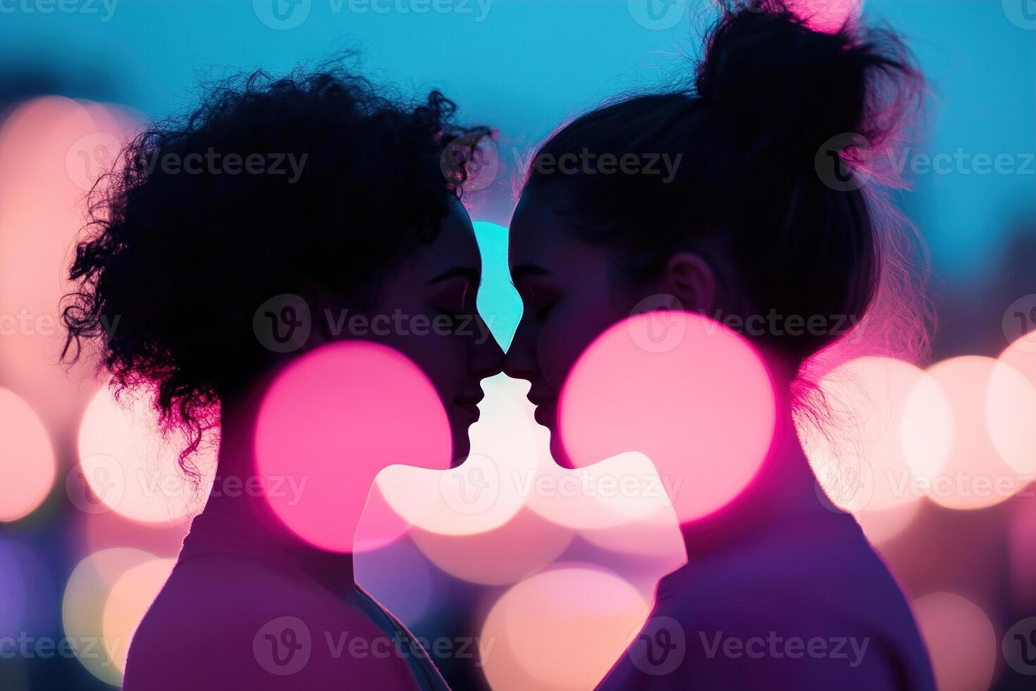 Two figures form a gentle silhouette against a blurred cityscape, illuminated by a rainbow glow. This captures love and connection in a dreamy, soft-focus style ideal for relationship campaigns photo